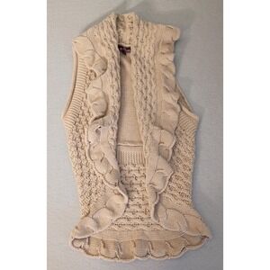 Almost Famous Tan Crochet Knit Open Front Cardigan Womens Sleeveless Sz M, Y2k